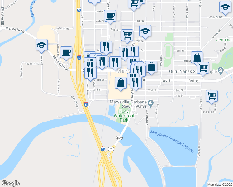 map of restaurants, bars, coffee shops, grocery stores, and more near 205 Marysville Mall in Marysville