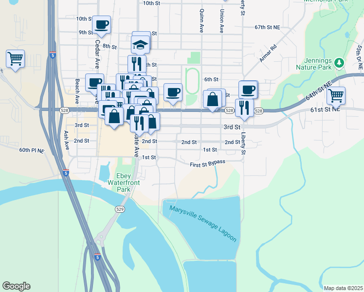 map of restaurants, bars, coffee shops, grocery stores, and more near 1706 2nd Street in Marysville