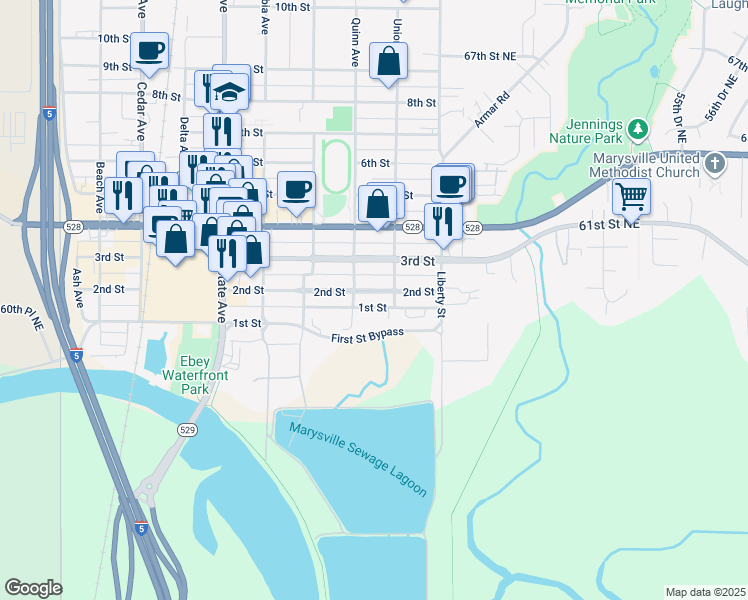 map of restaurants, bars, coffee shops, grocery stores, and more near 1814 2nd Street in Marysville