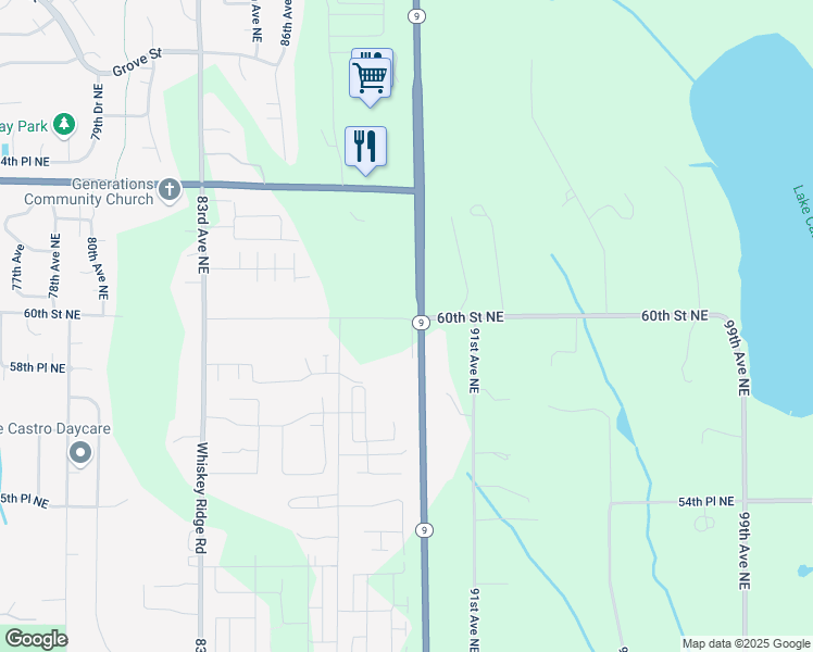 map of restaurants, bars, coffee shops, grocery stores, and more near 8833 60th Street Northeast in Marysville