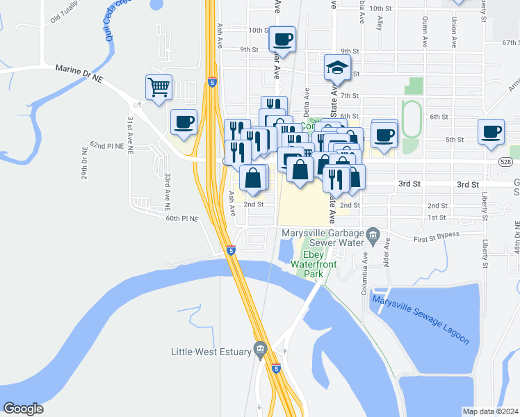 map of restaurants, bars, coffee shops, grocery stores, and more near 103 Cedar Avenue in Marysville