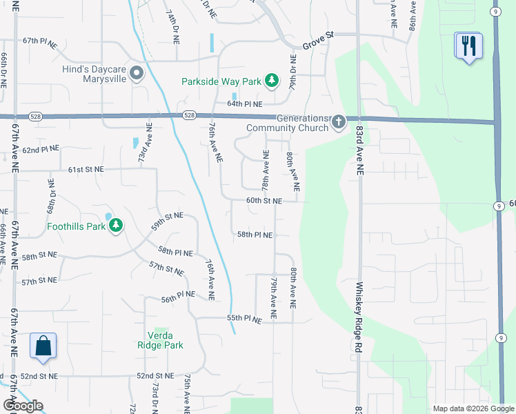 map of restaurants, bars, coffee shops, grocery stores, and more near 5900 77th Drive Northeast in Marysville