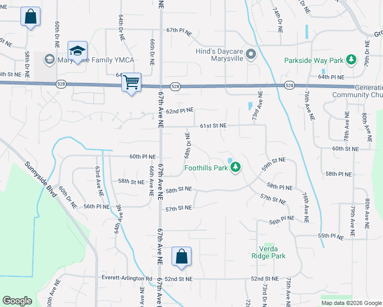 map of restaurants, bars, coffee shops, grocery stores, and more near 5908 68th Drive Northeast in Marysville