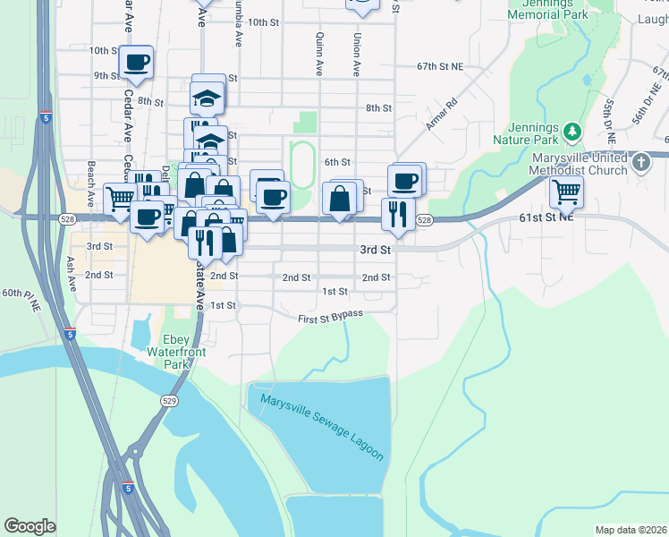 map of restaurants, bars, coffee shops, grocery stores, and more near 1814 2nd Street in Marysville