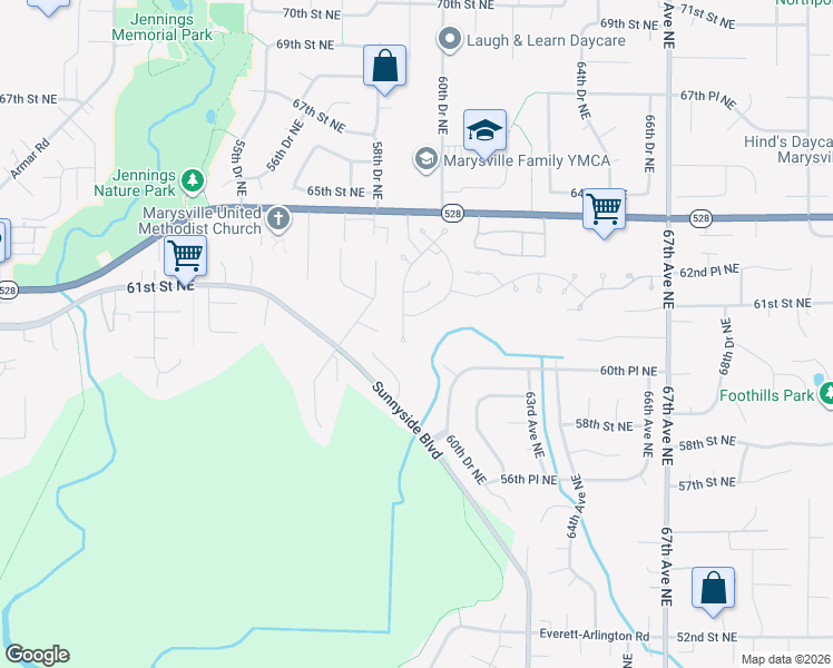 map of restaurants, bars, coffee shops, grocery stores, and more near 5900 64th Street Northeast in Marysville