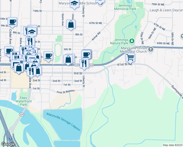 map of restaurants, bars, coffee shops, grocery stores, and more near 4809 61st Street Northeast in Marysville