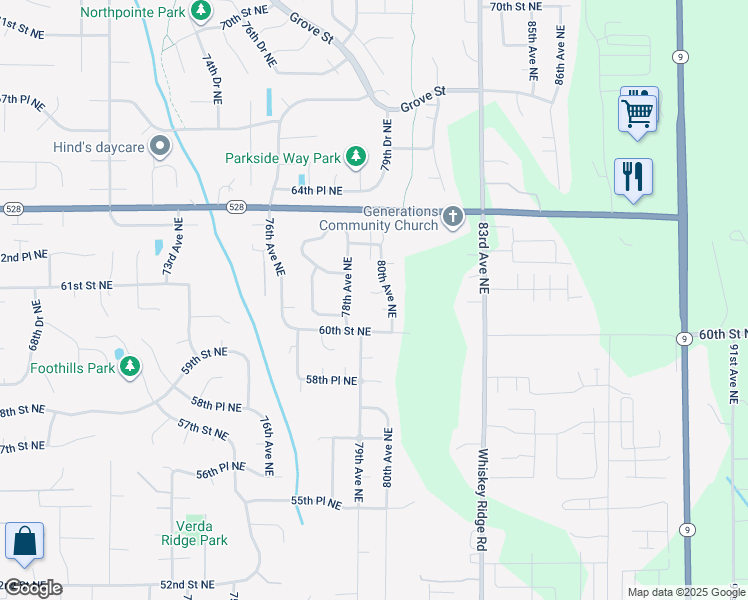 map of restaurants, bars, coffee shops, grocery stores, and more near 7920 61st Place Northeast in Marysville