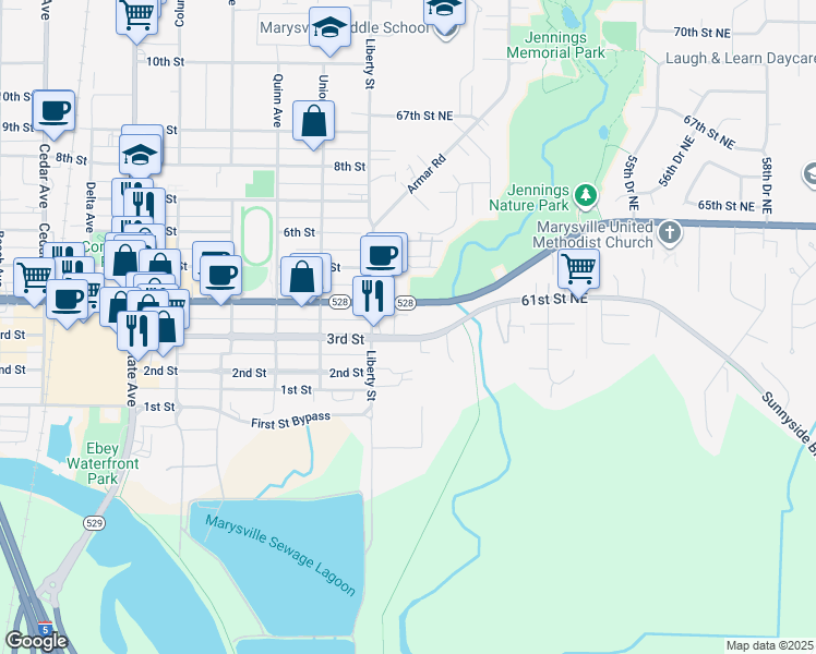 map of restaurants, bars, coffee shops, grocery stores, and more near 4809 61st Street Northeast in Marysville