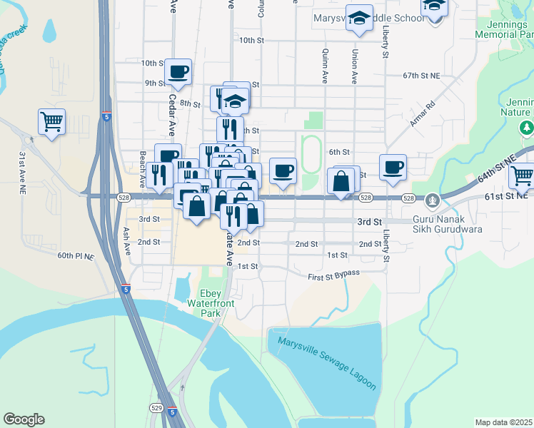 map of restaurants, bars, coffee shops, grocery stores, and more near 1605 3rd Street in Marysville