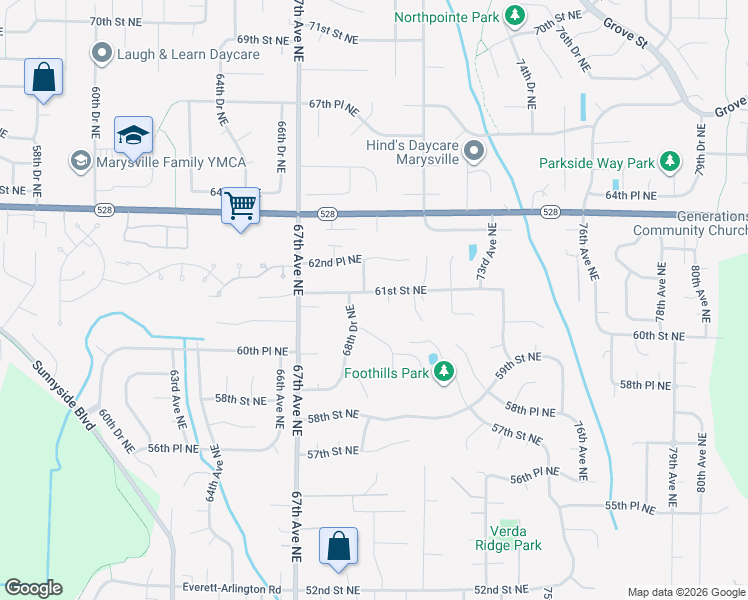 map of restaurants, bars, coffee shops, grocery stores, and more near 6910 61st Place Northeast in Marysville