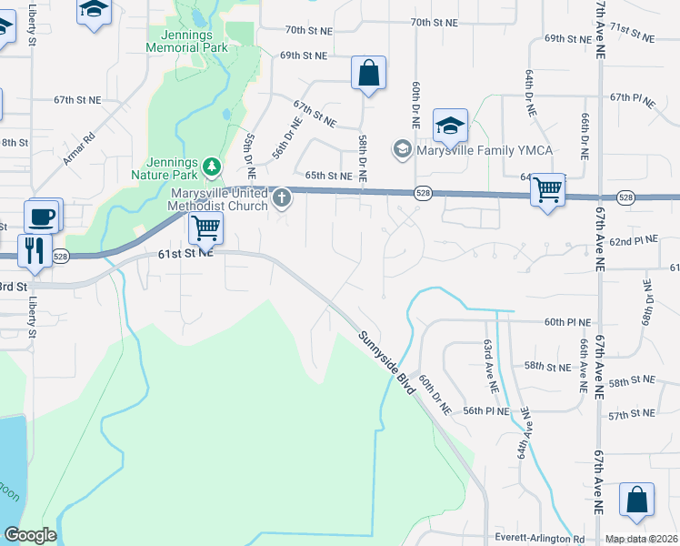map of restaurants, bars, coffee shops, grocery stores, and more near 7th Street in Marysville