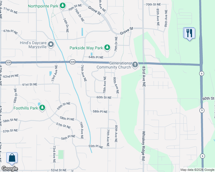 map of restaurants, bars, coffee shops, grocery stores, and more near 6104 78th Avenue Northeast in Marysville