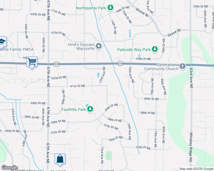 map of restaurants, bars, coffee shops, grocery stores, and more near 6003 74th Avenue Northeast in Marysville