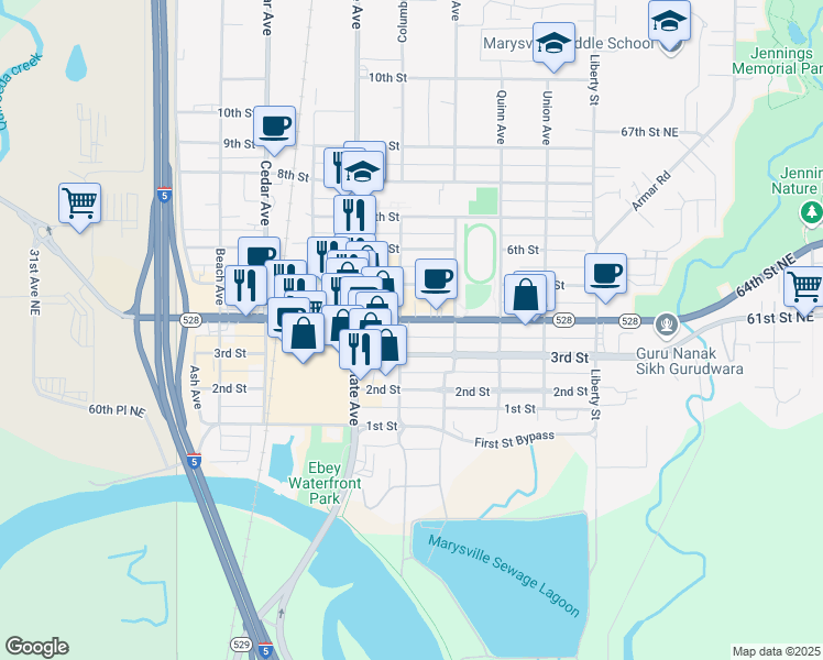map of restaurants, bars, coffee shops, grocery stores, and more near 1605 3rd Street in Marysville