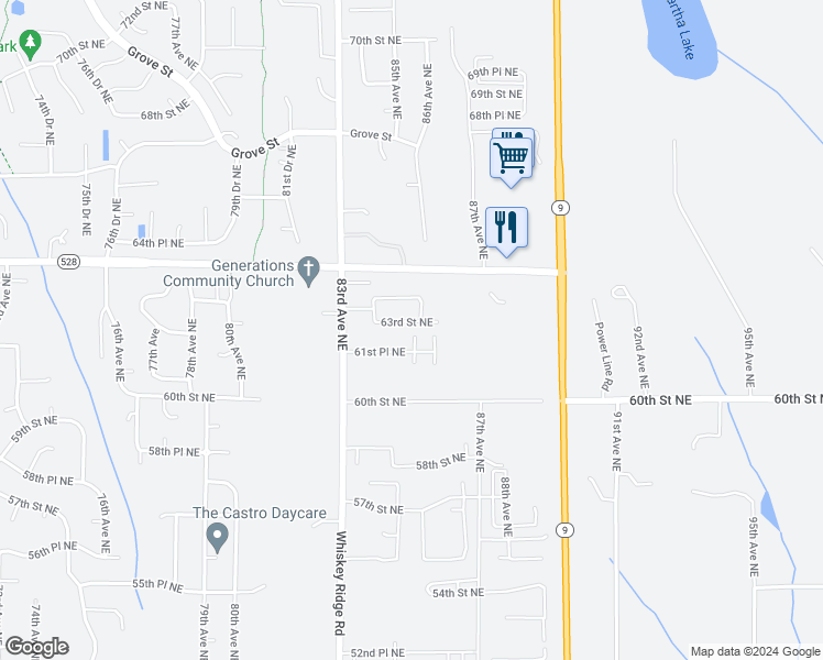map of restaurants, bars, coffee shops, grocery stores, and more near 8433 63rd Street Northeast in Marysville