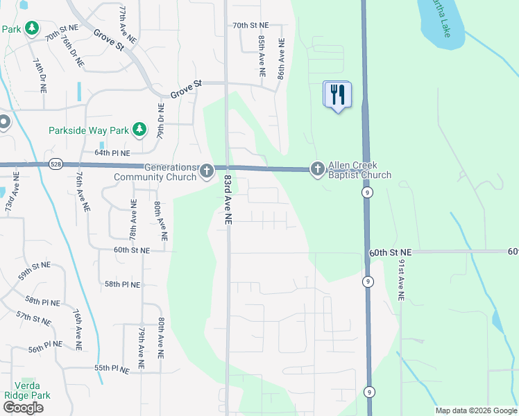 map of restaurants, bars, coffee shops, grocery stores, and more near 6227 83rd Avenue Northeast in Marysville