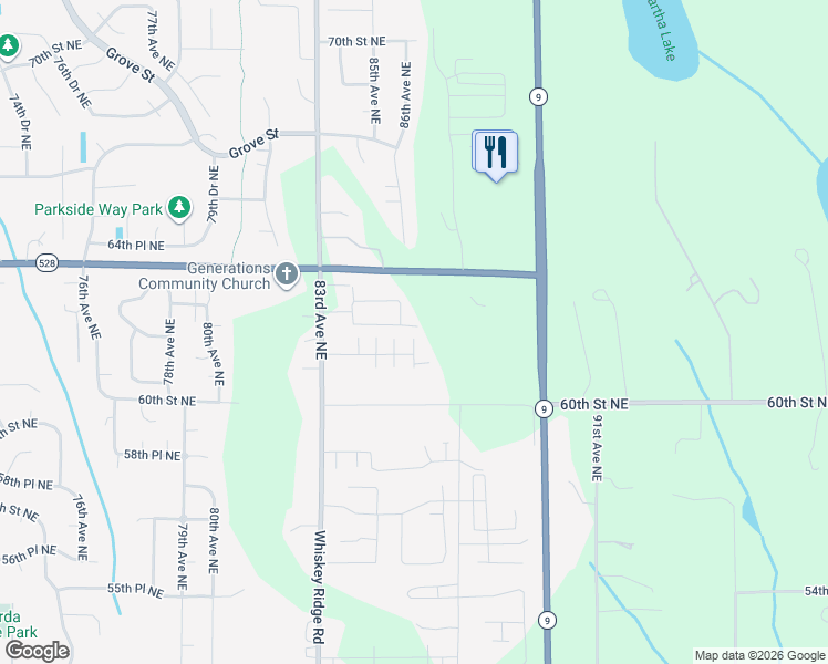 map of restaurants, bars, coffee shops, grocery stores, and more near 8438 63rd Place Northeast in Marysville