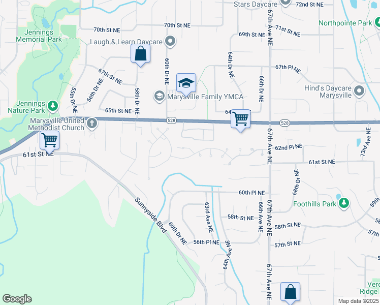 map of restaurants, bars, coffee shops, grocery stores, and more near 5900 64th Street Northeast in Marysville