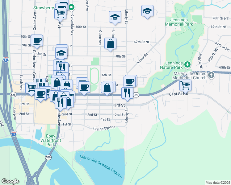 map of restaurants, bars, coffee shops, grocery stores, and more near 1912 5th Street in Marysville
