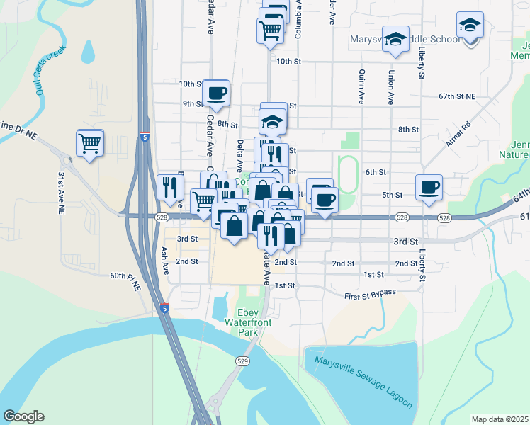 map of restaurants, bars, coffee shops, grocery stores, and more near in Marysville