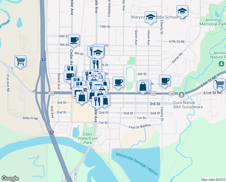 map of restaurants, bars, coffee shops, grocery stores, and more near 1611 4th Street in Marysville