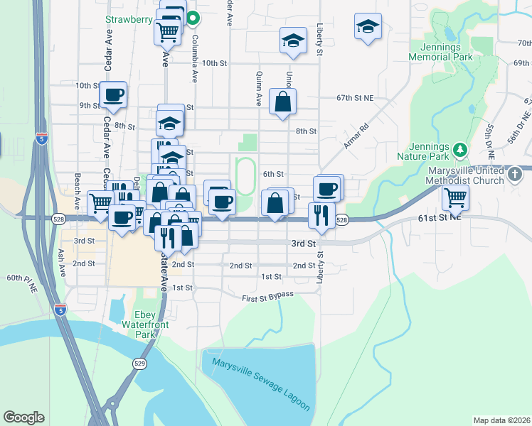 map of restaurants, bars, coffee shops, grocery stores, and more near 1816 5th Street in Marysville