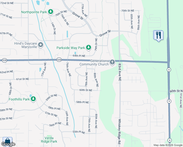 map of restaurants, bars, coffee shops, grocery stores, and more near 6230 80th Avenue Northeast in Marysville