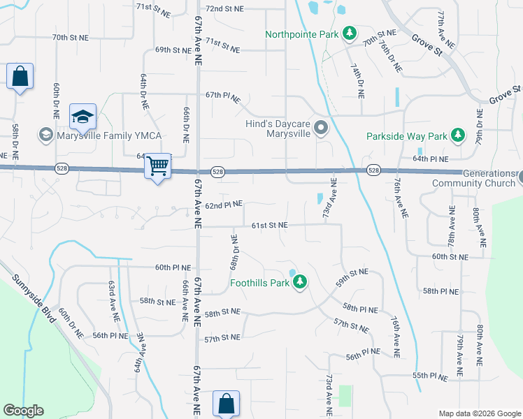 map of restaurants, bars, coffee shops, grocery stores, and more near 6913 62nd Place Northeast in Marysville