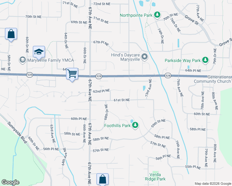 map of restaurants, bars, coffee shops, grocery stores, and more near 6913 62nd Place Northeast in Marysville