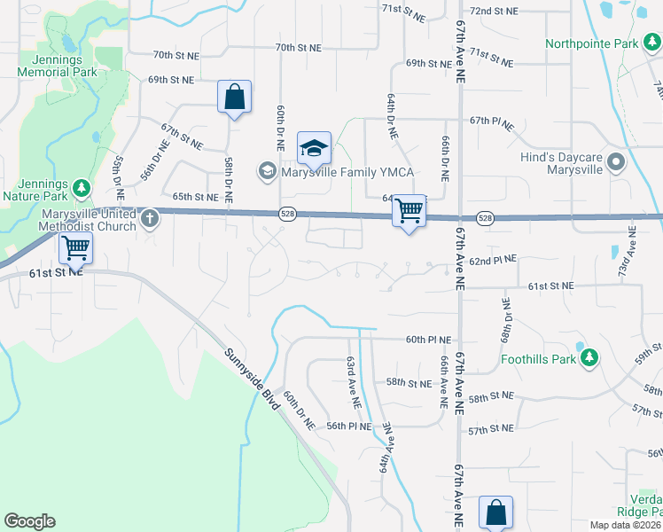 map of restaurants, bars, coffee shops, grocery stores, and more near 6110 64th Street Northeast in Marysville