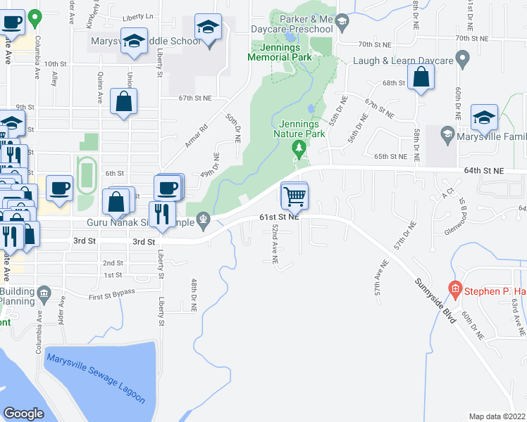 map of restaurants, bars, coffee shops, grocery stores, and more near 5129 61st Street Northeast in Marysville