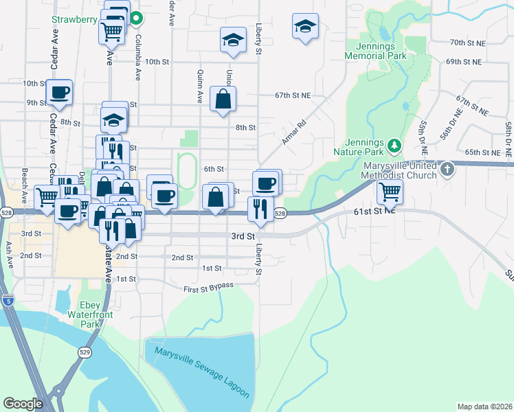 map of restaurants, bars, coffee shops, grocery stores, and more near 6211 47th Avenue Northeast in Marysville