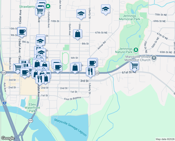 map of restaurants, bars, coffee shops, grocery stores, and more near 6211 47th Avenue Northeast in Marysville