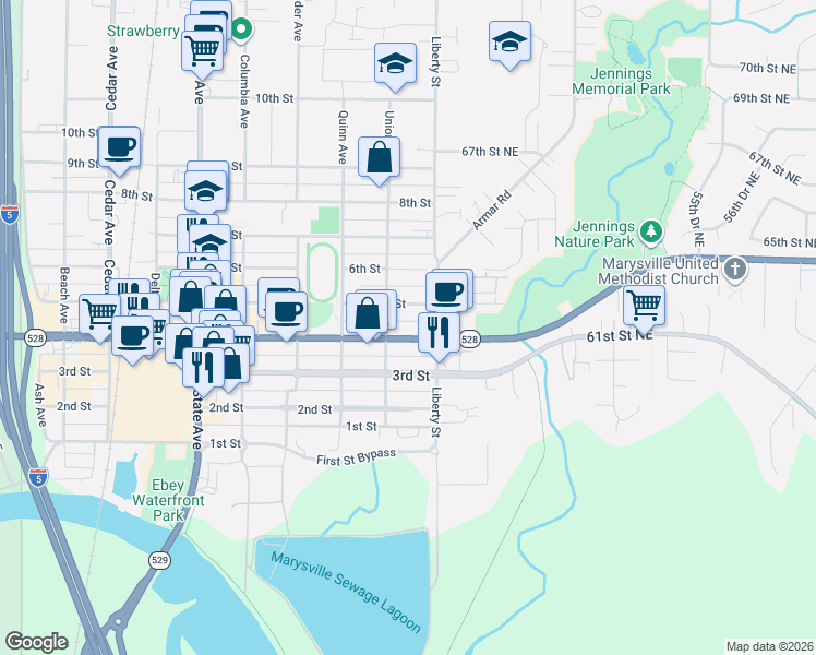 map of restaurants, bars, coffee shops, grocery stores, and more near 1912 5th Street in Marysville