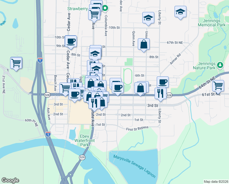 map of restaurants, bars, coffee shops, grocery stores, and more near in Marysville