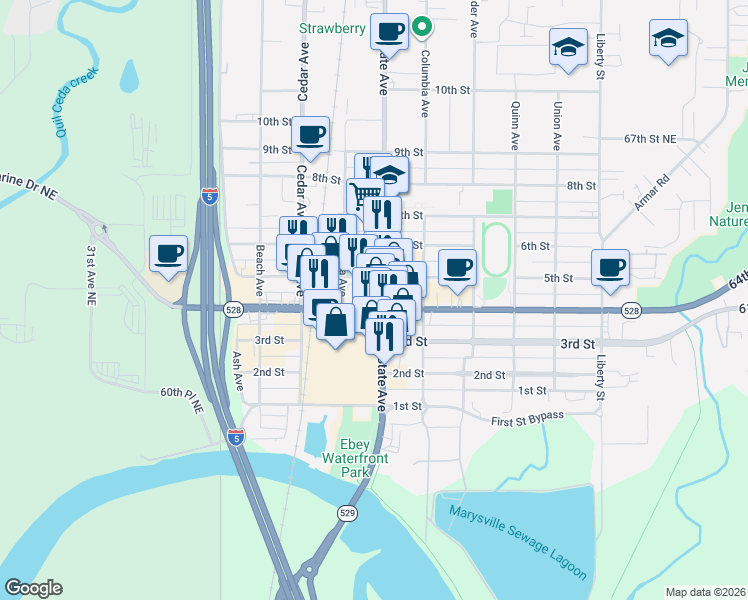 map of restaurants, bars, coffee shops, grocery stores, and more near 1416 5th Street in Marysville