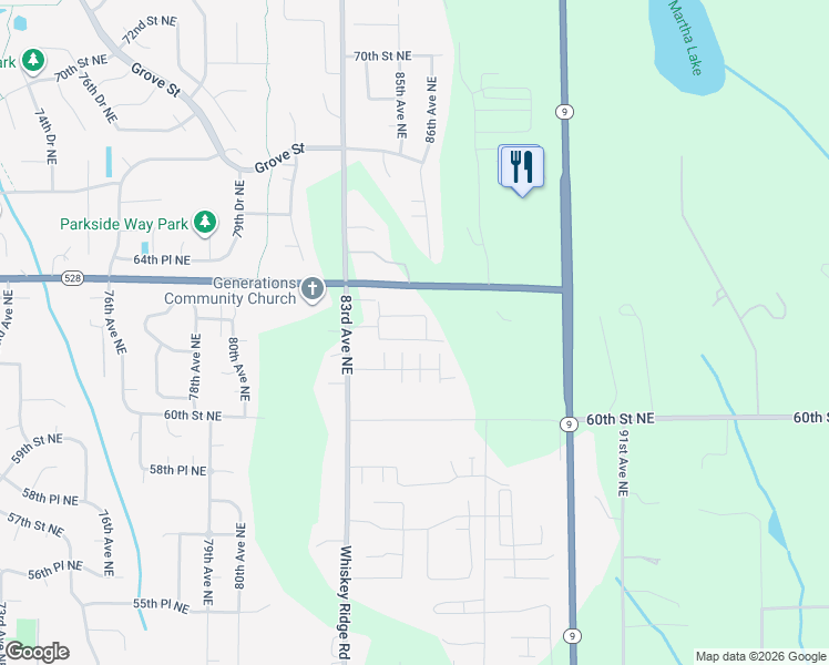 map of restaurants, bars, coffee shops, grocery stores, and more near 8438 63rd Place Northeast in Marysville