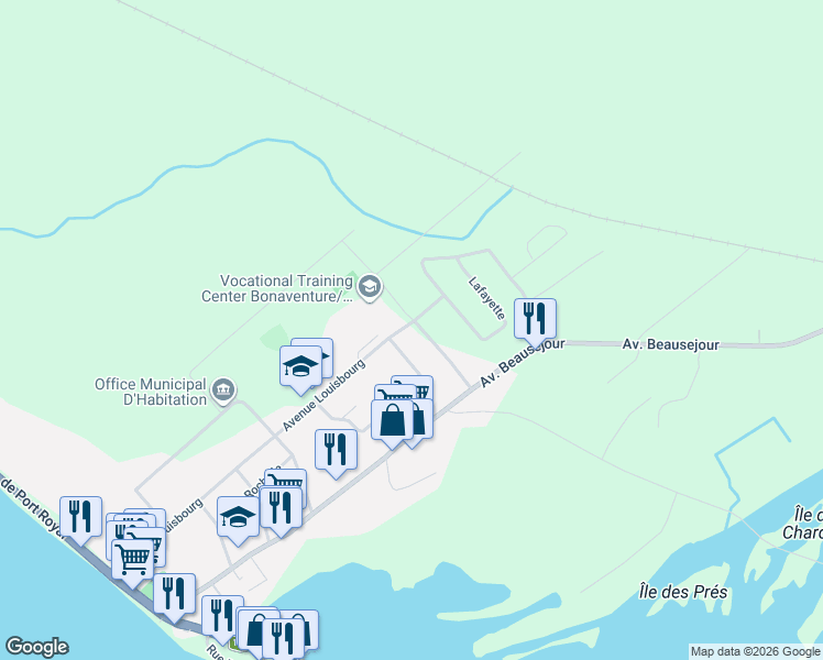 map of restaurants, bars, coffee shops, grocery stores, and more near 117 Rue Boishébert in Bonaventure