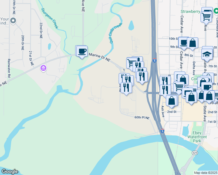 map of restaurants, bars, coffee shops, grocery stores, and more near 62nd Place Northeast in Marysville