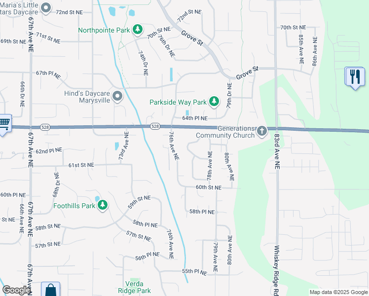 map of restaurants, bars, coffee shops, grocery stores, and more near 6218 77th Drive Northeast in Marysville