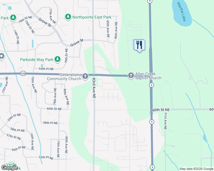 map of restaurants, bars, coffee shops, grocery stores, and more near 8402 63rd Place Northeast in Marysville