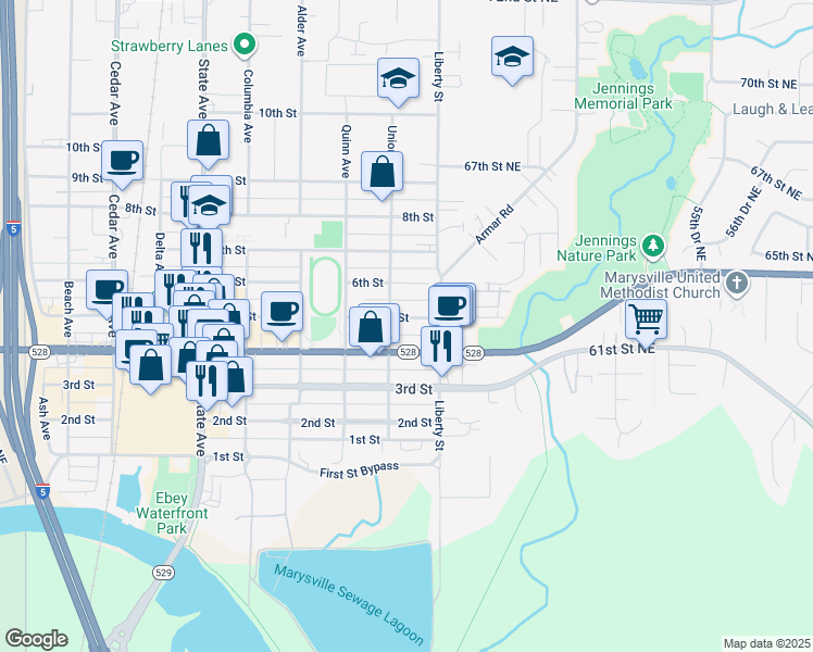 map of restaurants, bars, coffee shops, grocery stores, and more near 1912 5th Street in Marysville