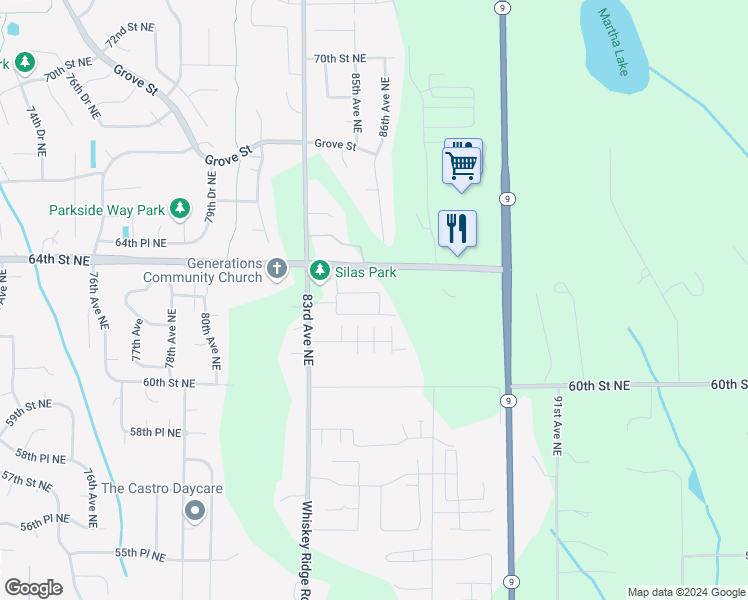 map of restaurants, bars, coffee shops, grocery stores, and more near 8438 63rd Place Northeast in Marysville