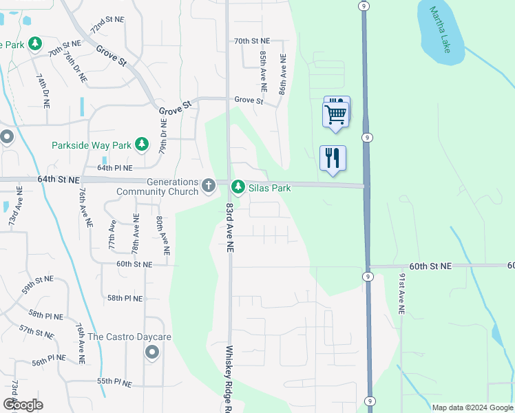 map of restaurants, bars, coffee shops, grocery stores, and more near 8417 63rd Place Northeast in Marysville