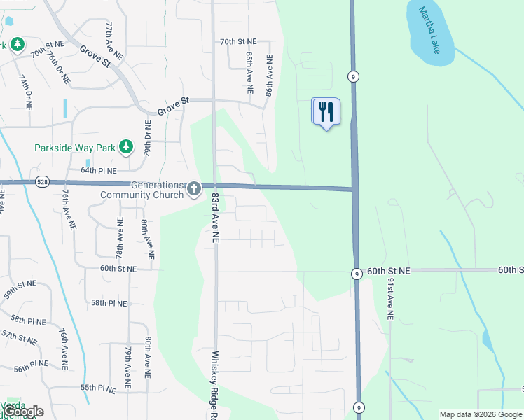 map of restaurants, bars, coffee shops, grocery stores, and more near 8514 63rd Place Northeast in Marysville