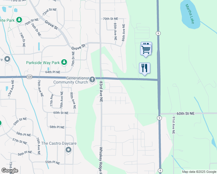 map of restaurants, bars, coffee shops, grocery stores, and more near 8418 63rd Place Northeast in Marysville