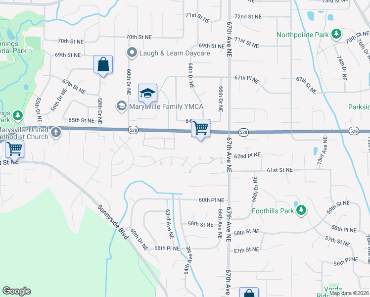 map of restaurants, bars, coffee shops, grocery stores, and more near 6508 64th Street Northeast in Marysville