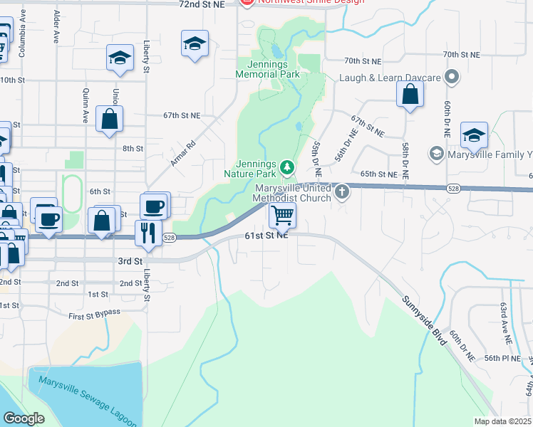 map of restaurants, bars, coffee shops, grocery stores, and more near 5208 64th Street Northeast in Marysville
