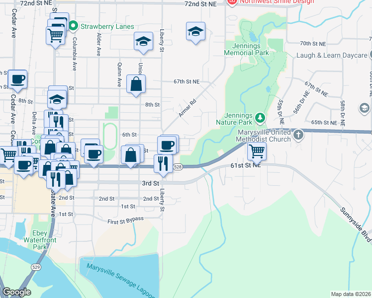 map of restaurants, bars, coffee shops, grocery stores, and more near 4805 64th Street Northeast in Marysville