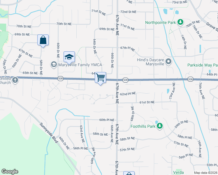 map of restaurants, bars, coffee shops, grocery stores, and more near 6610 64th St NE in Marysville